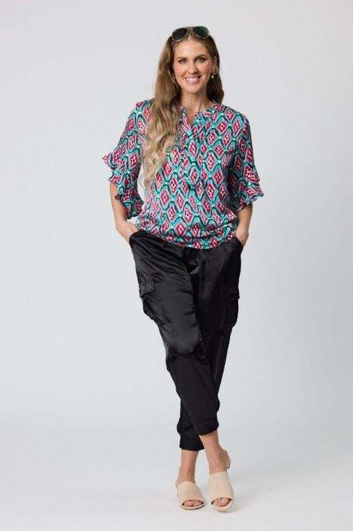 Jet Blonde Frill Cuff Blouse Green Print