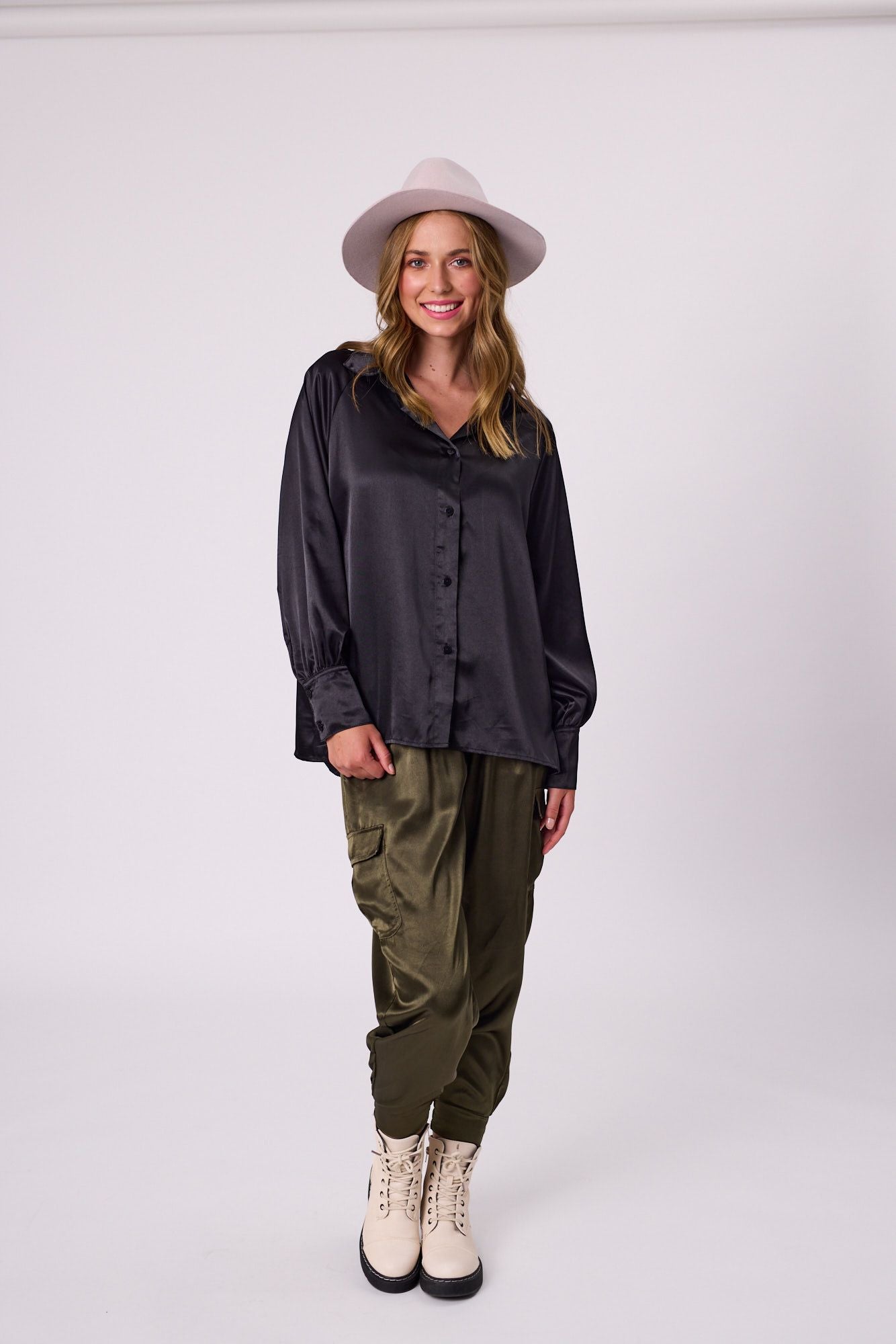 Jet Blonde Satin Cargo Pant Black