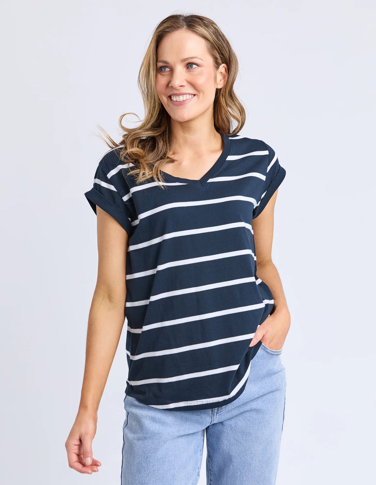 Foxwood Manly Stripe Vee Tee Dark Sapphire/ White