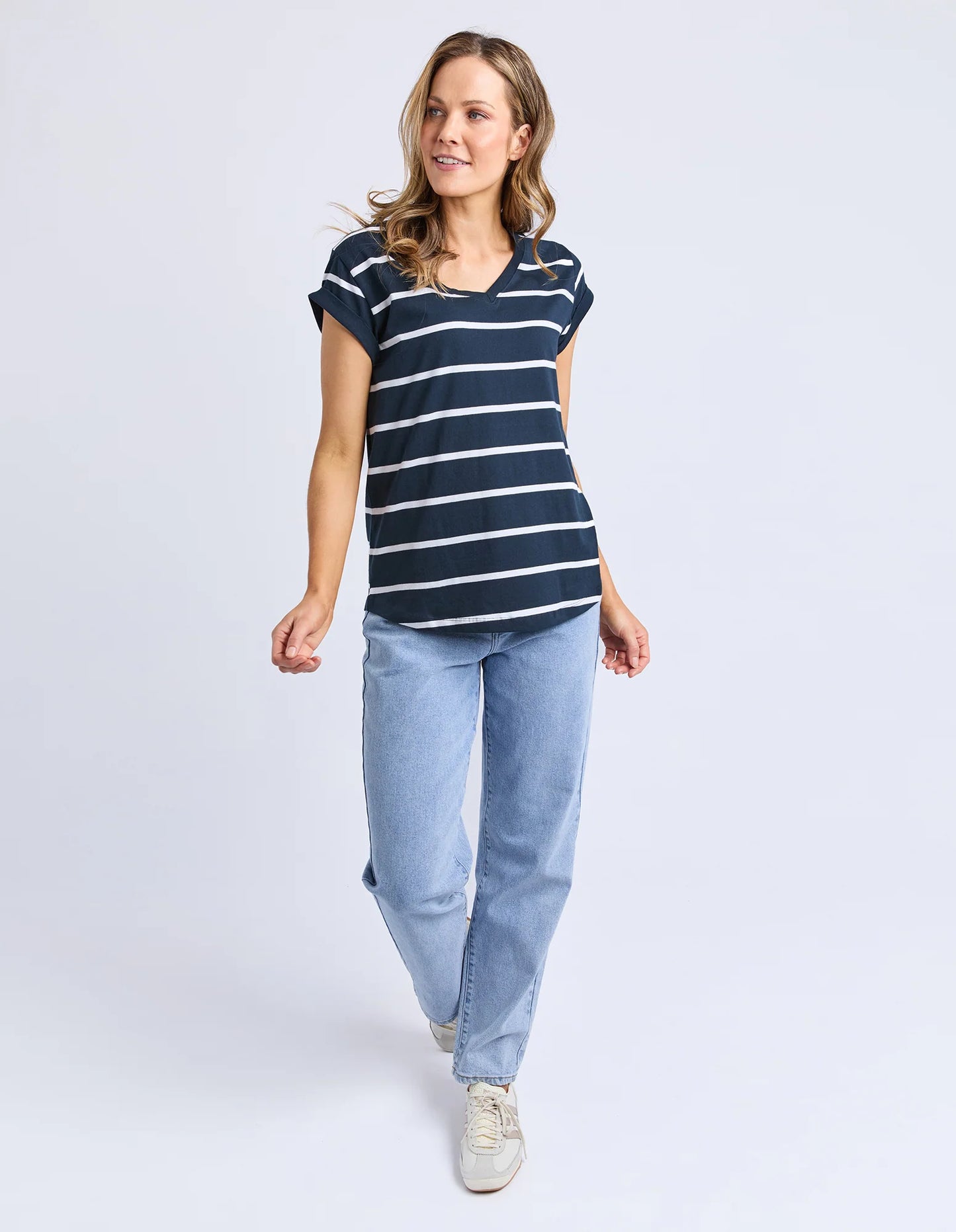 Foxwood Manly Stripe Vee Tee Dark Sapphire/ White