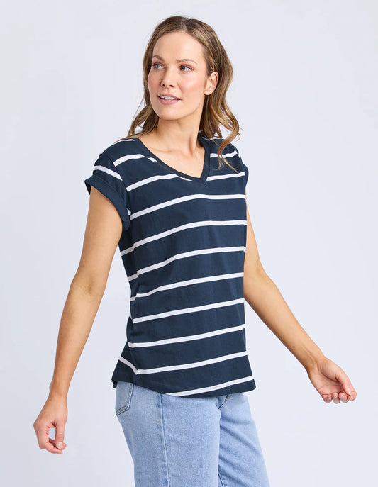 Foxwood Manly Stripe Vee Tee Dark Sapphire/ White