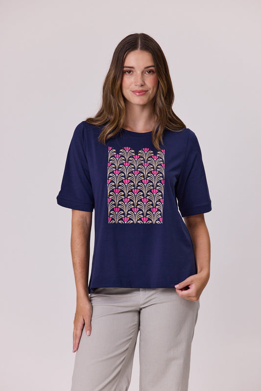 Democracy Diamante Trim T-Shirt Navy