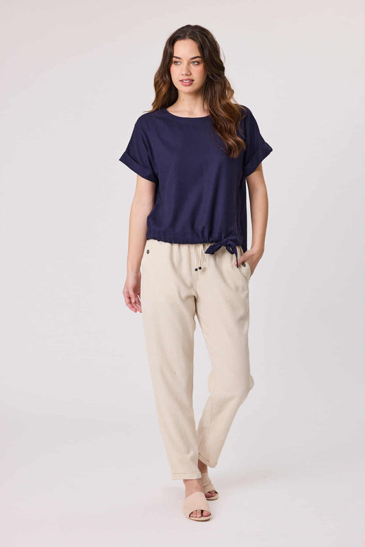 Jet Blonde Linen Tee Top Navy