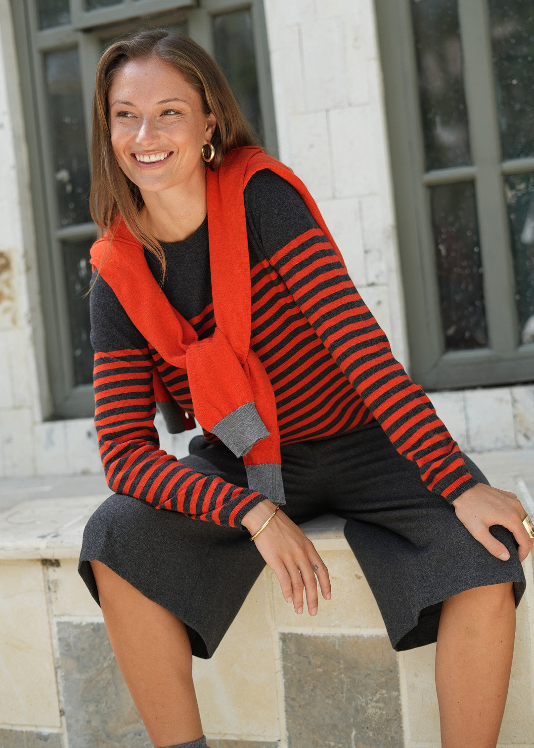 Zaket & Plover Detail Stripe Crew Charcoal